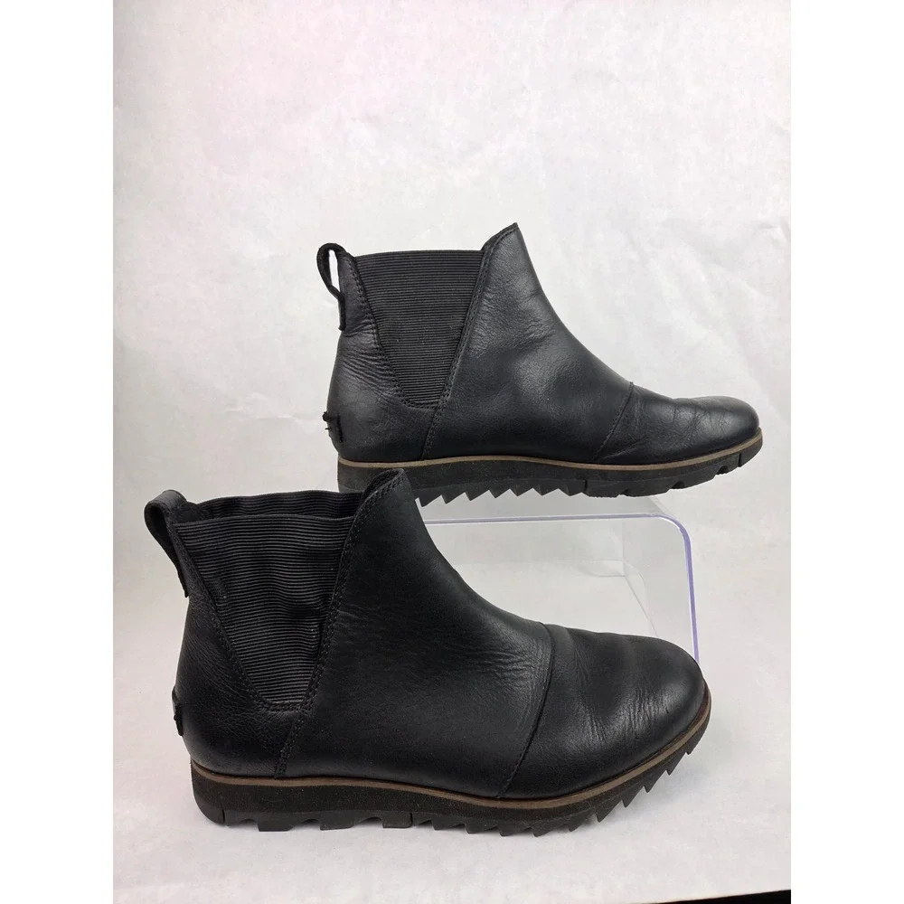Sorel Emelie Chelsea Black Leather Ankle Boots Womens 7.5 Waterproof Basic